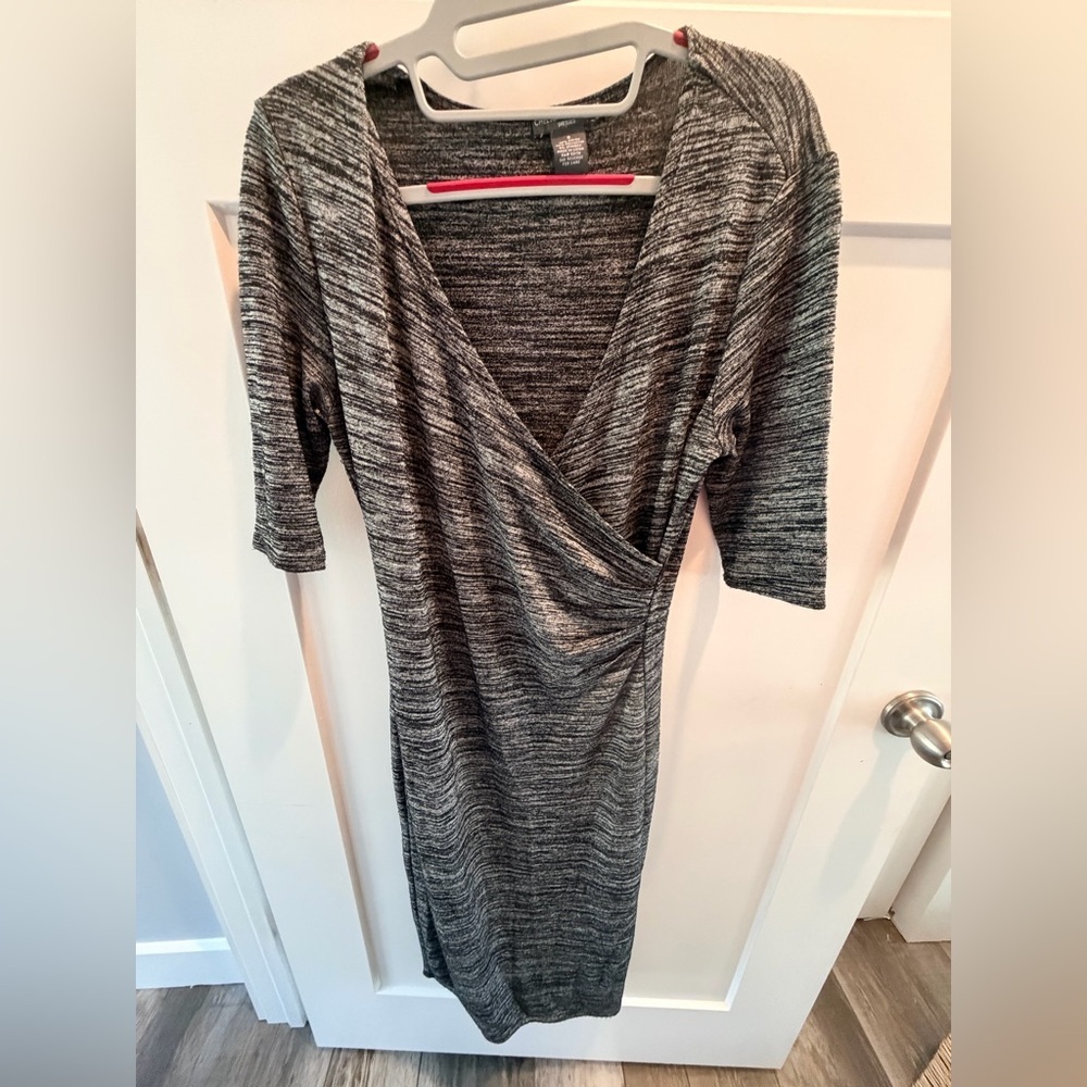 Chelsea & Theodore Gray Marl Wrap Bodice Bodycon Midi Dress 3/4 Sleeve Small
